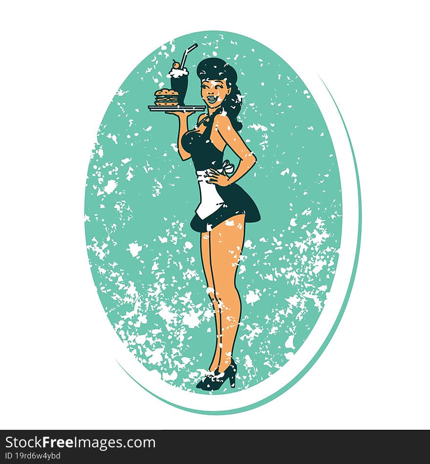 distressed sticker tattoo in traditional style of a pinup waitress girl. distressed sticker tattoo in traditional style of a pinup waitress girl