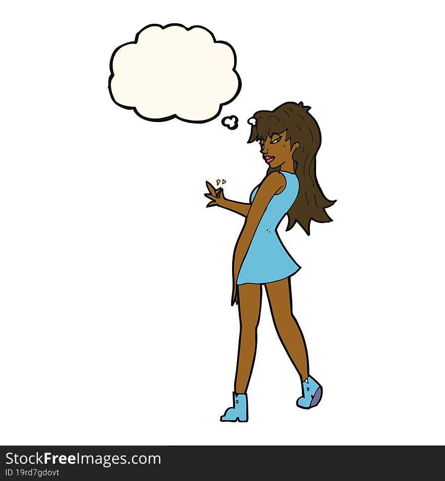 cartoon woman posing in dress with thought bubble