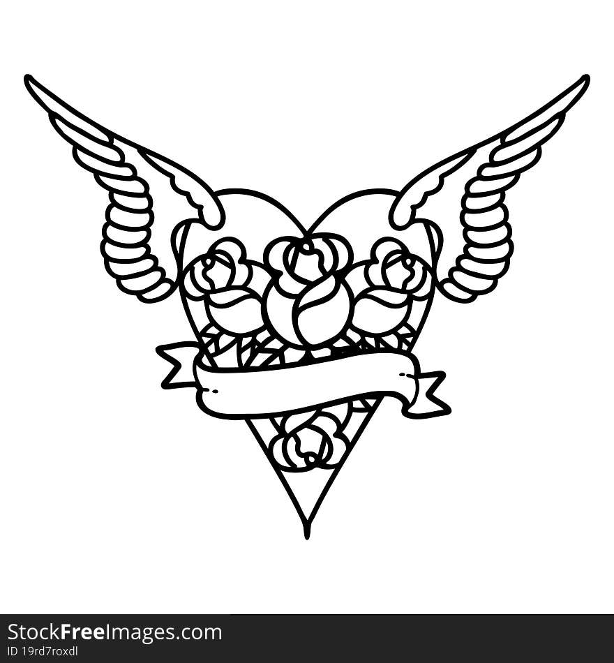 tattoo in black line style of a flying heart with flowers and banner. tattoo in black line style of a flying heart with flowers and banner