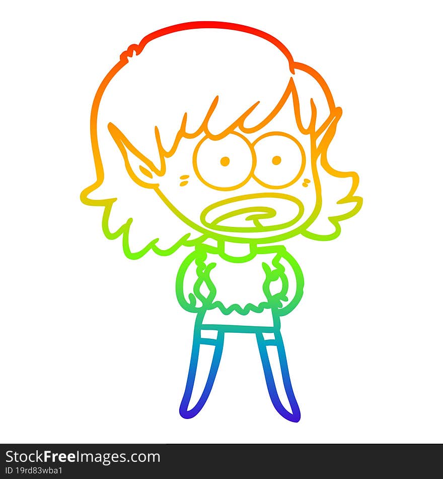 Rainbow Gradient Line Drawing Cartoon Shocked Elf Girl