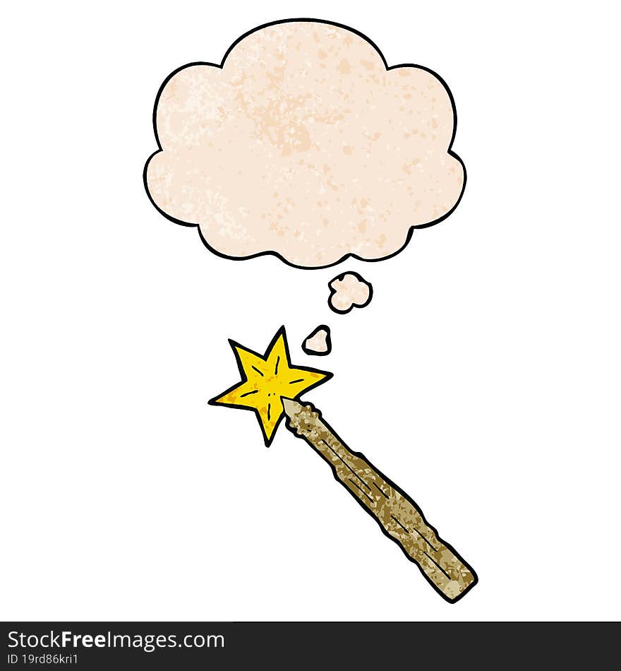 cartoon magic wand and thought bubble in grunge texture pattern style