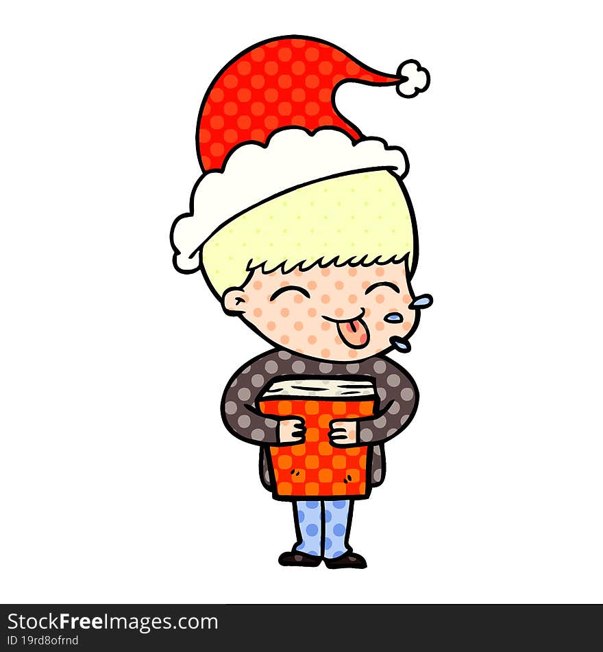 Comic Book Style Illustration Of A Boy Wearing Santa Hat