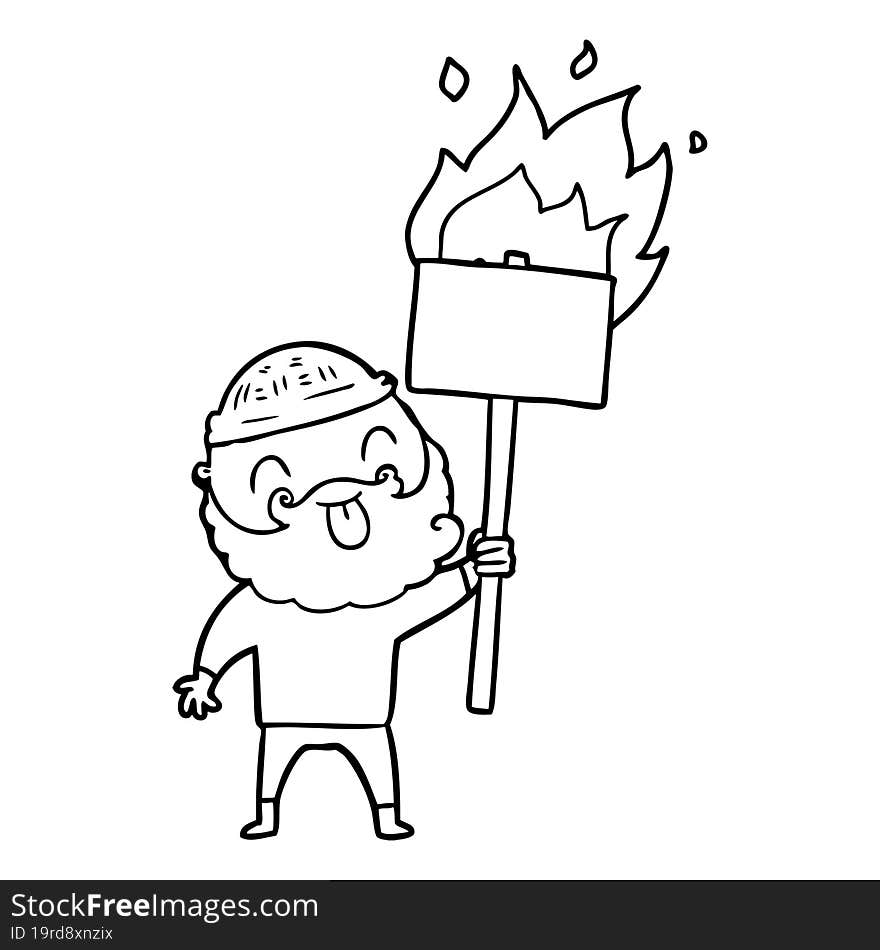 bearded protester cartoon with burning sign. bearded protester cartoon with burning sign