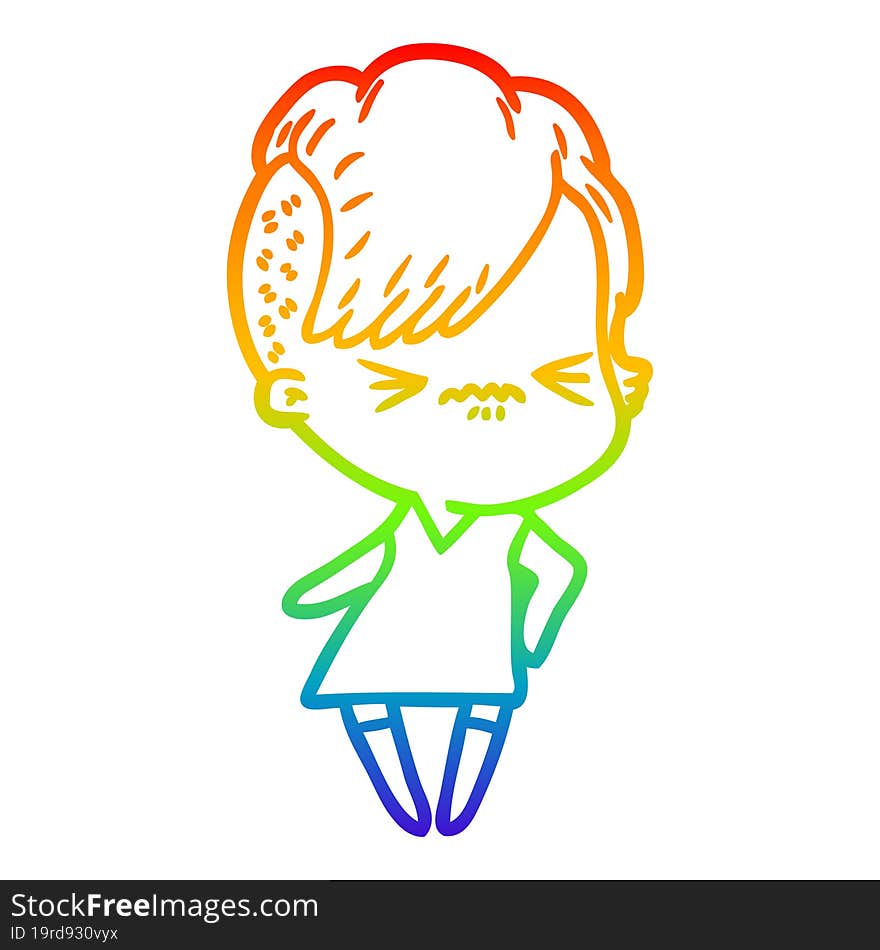 rainbow gradient line drawing of a cartoon annoyed hipster girl