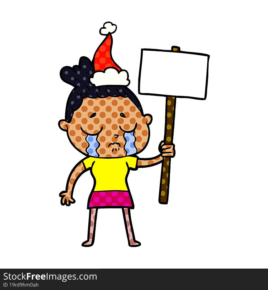 hand drawn comic book style illustration of a crying woman with protest sign wearing santa hat