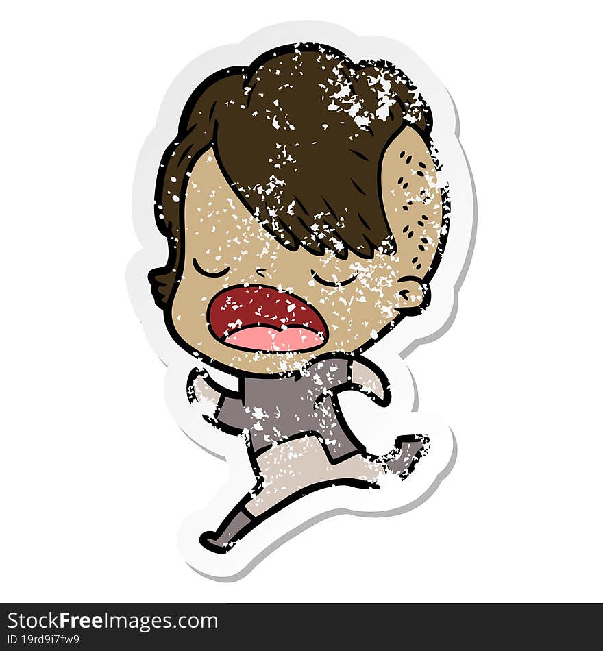 distressed sticker of a cartoon cool hipster girl talking