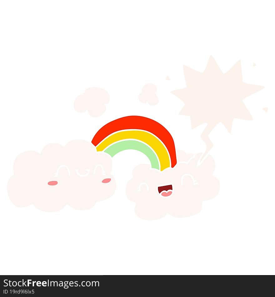 happy cartoon clouds and rainbow with speech bubble in retro style