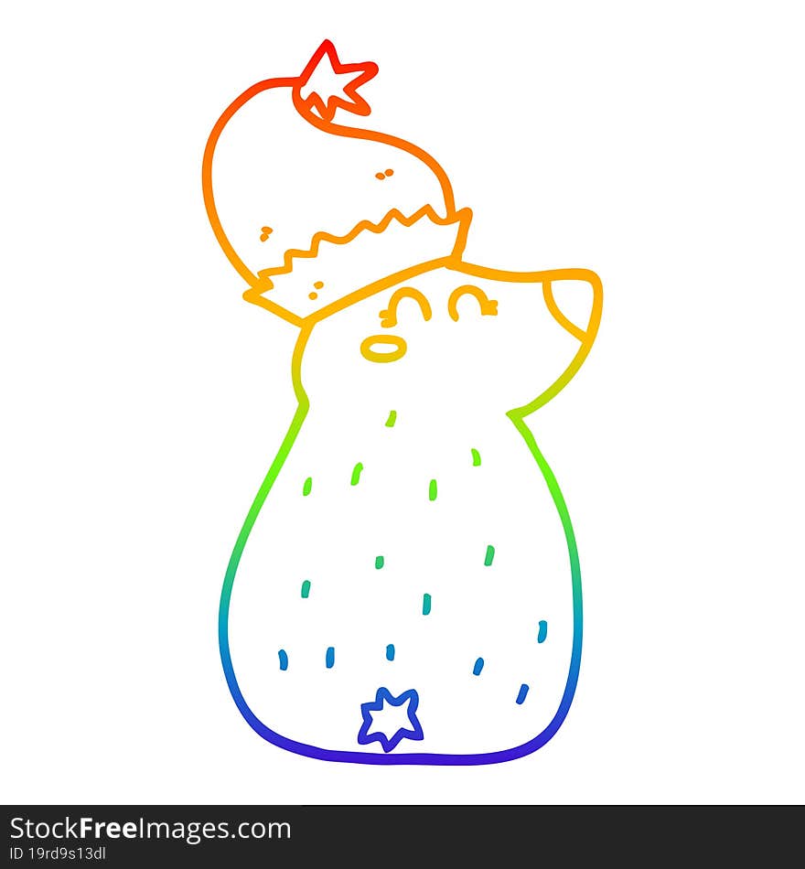 rainbow gradient line drawing cartoon bear wearing christmas hat