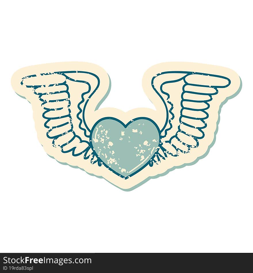 Distressed Sticker Tattoo Style Icon Of A Heart With Wings