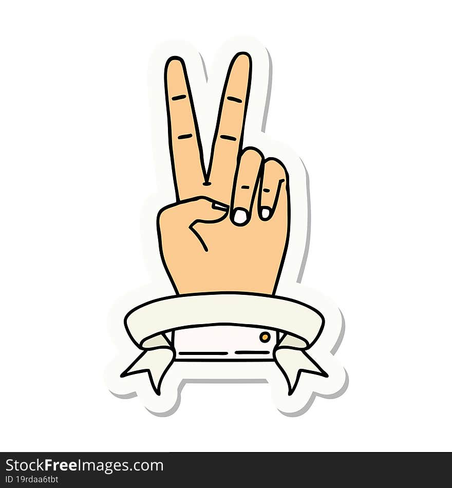 sticker of a peace two finger hand gesture with banner. sticker of a peace two finger hand gesture with banner