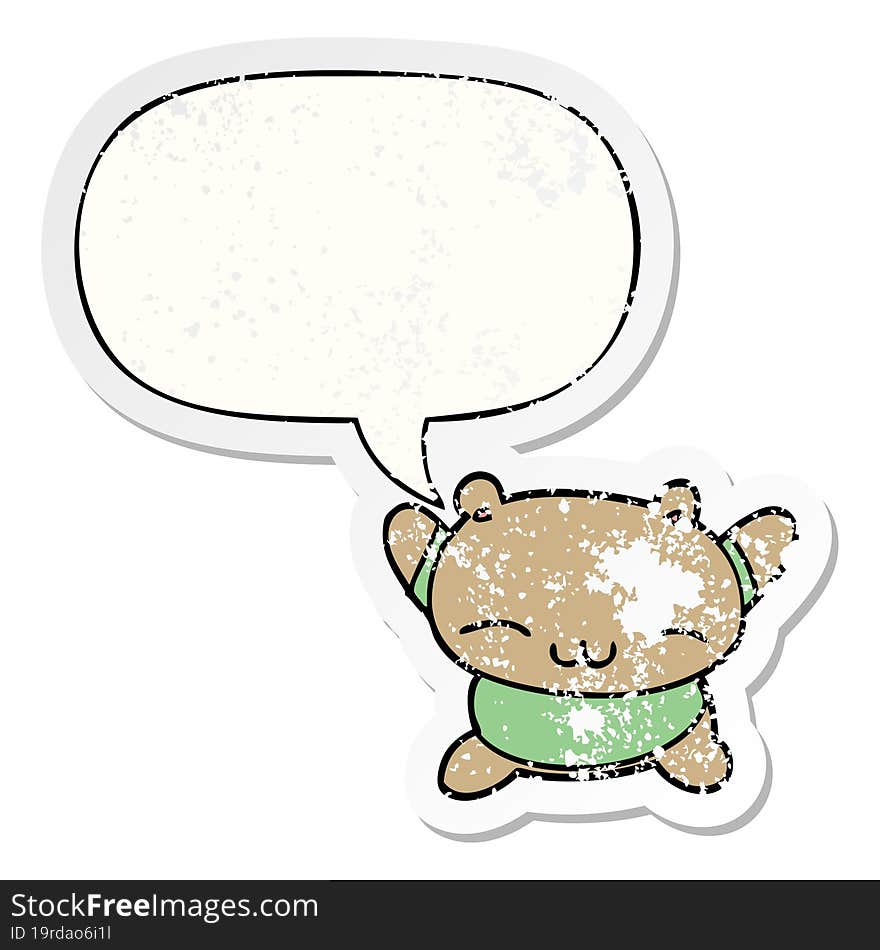 cartoon jumping bear with speech bubble distressed distressed old sticker. cartoon jumping bear with speech bubble distressed distressed old sticker