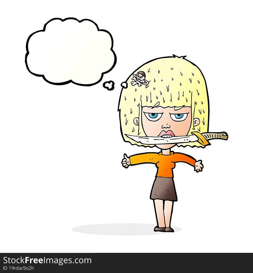 cartoon woman with knife between teeth with thought bubble