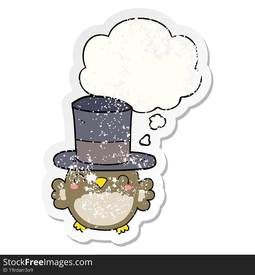 cartoon owl wearing top hat and thought bubble as a distressed worn sticker