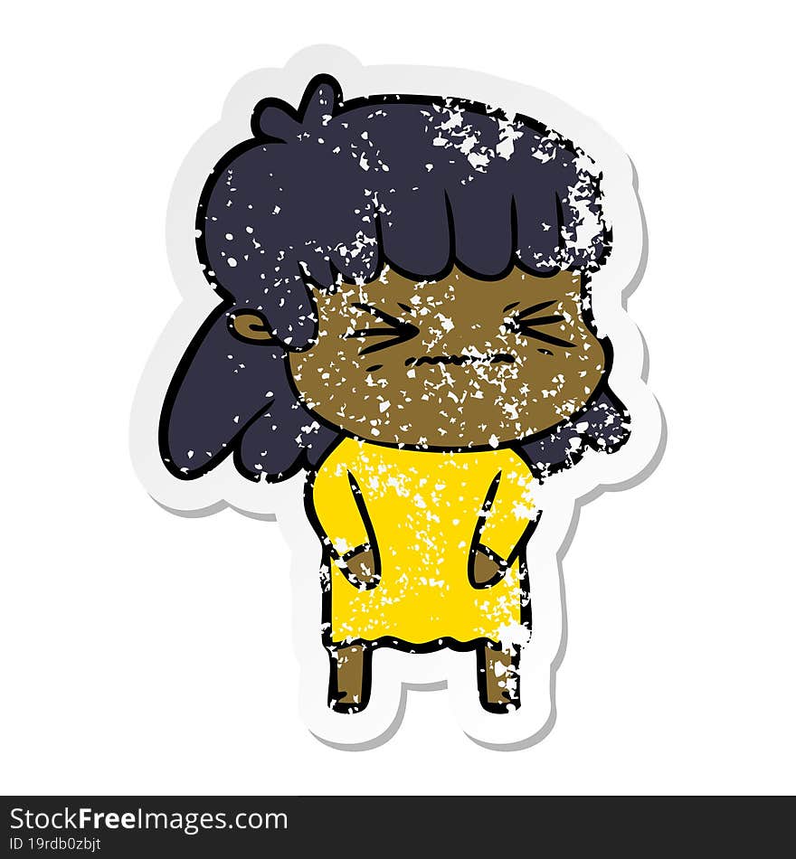 Distressed Sticker Of A Cartoon Angry Girl