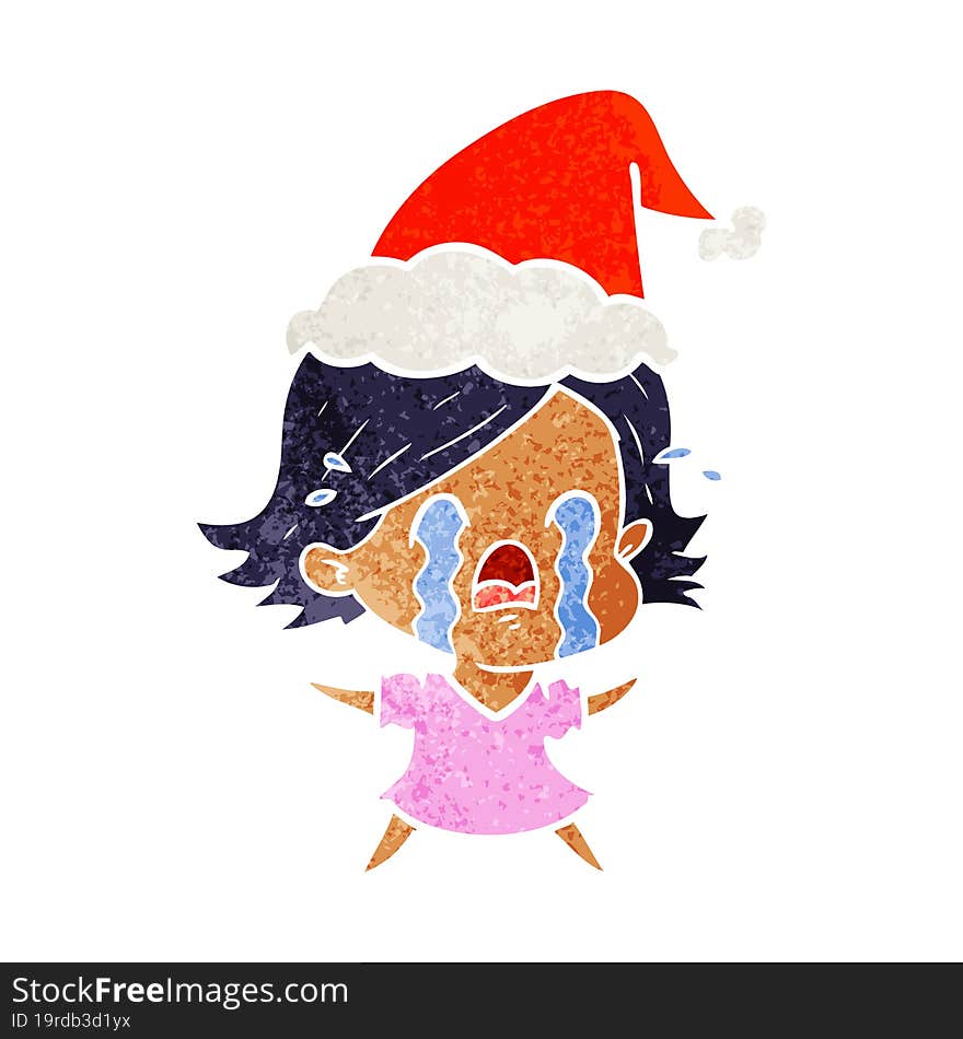 retro cartoon of a woman crying wearing santa hat