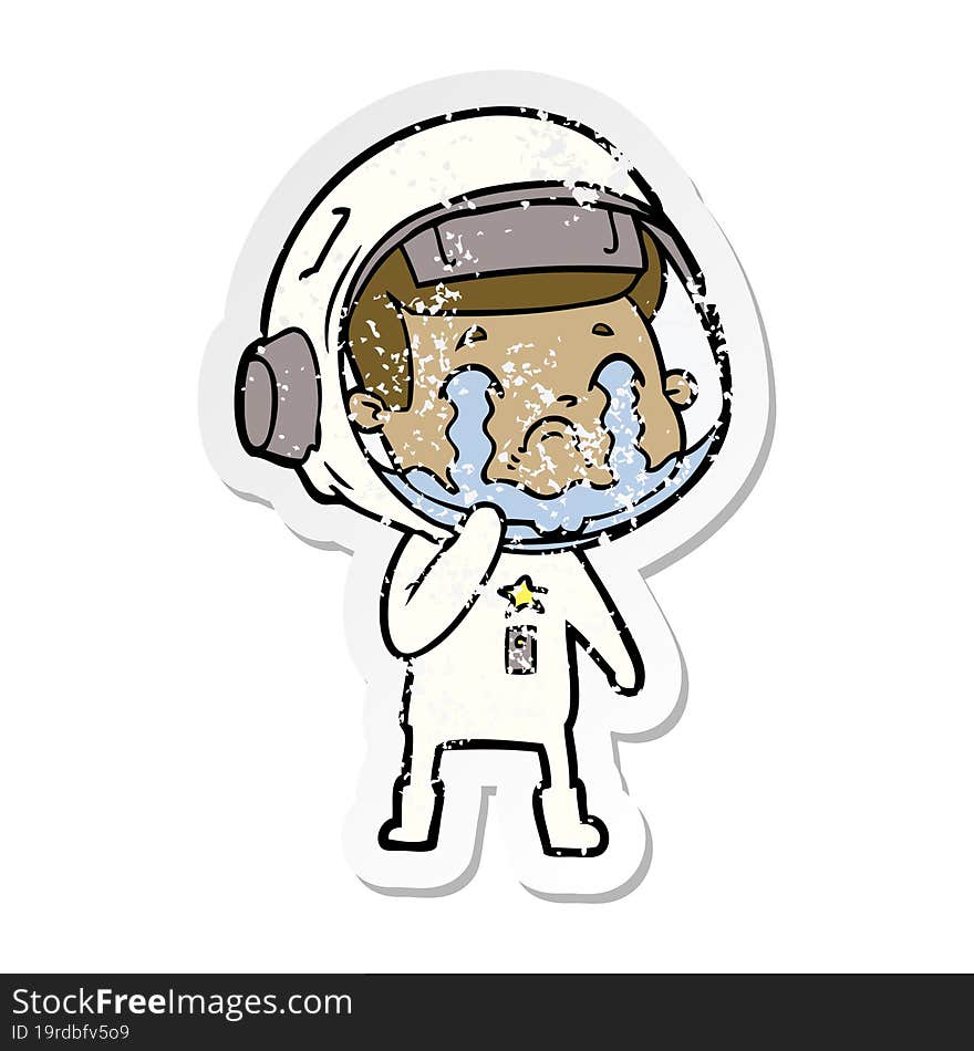 distressed sticker of a cartoon crying astronaut