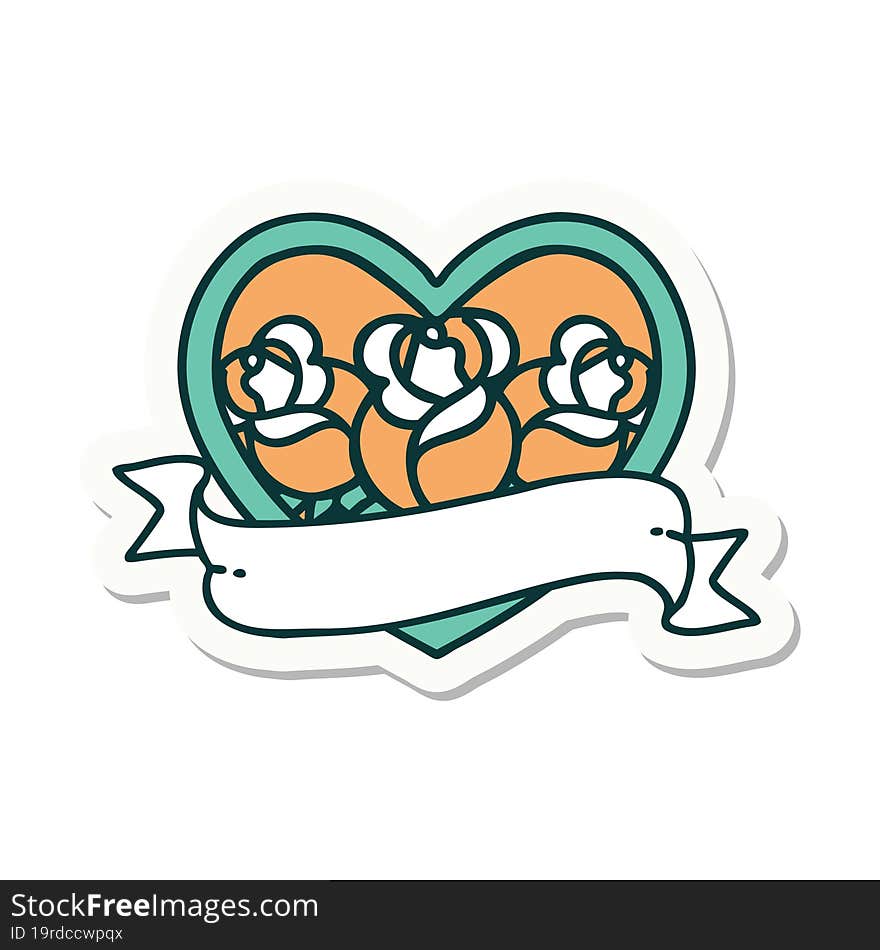 tattoo style sticker of a heart and banner with flowers