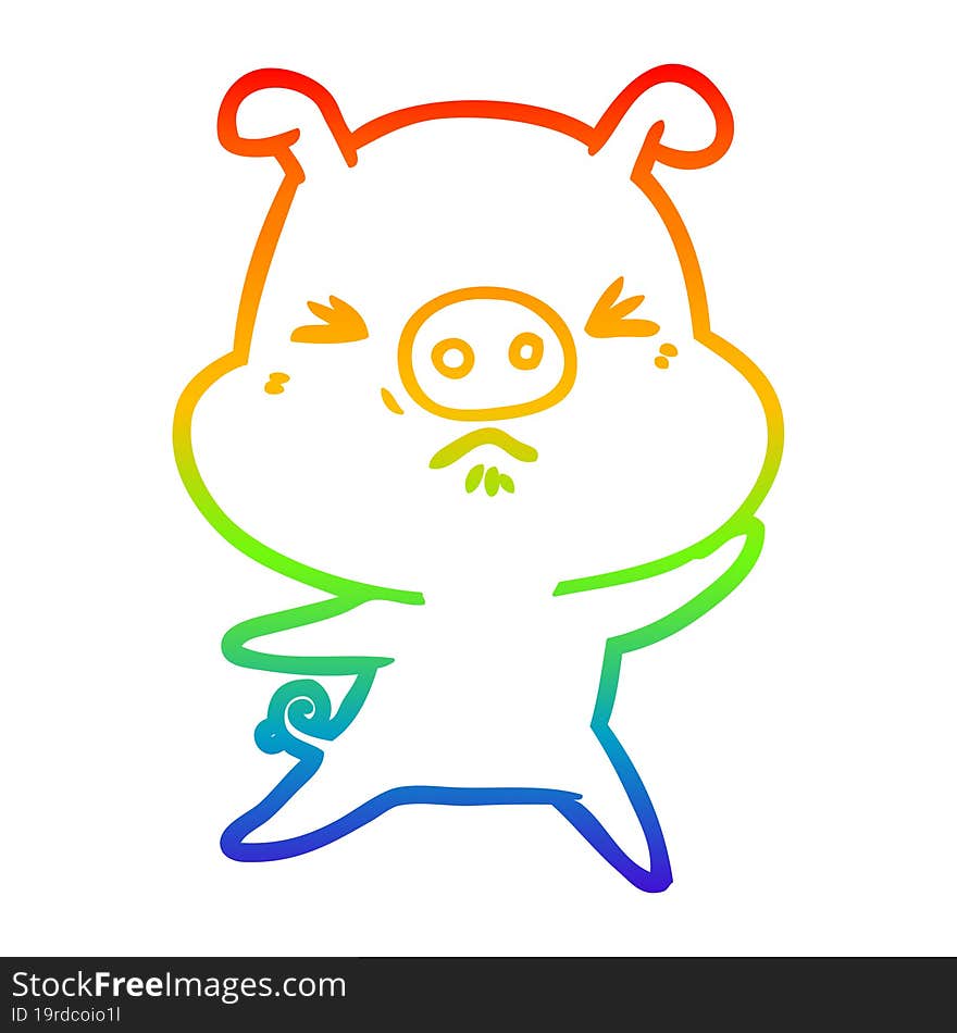 Rainbow Gradient Line Drawing Cartoon Angry Pig