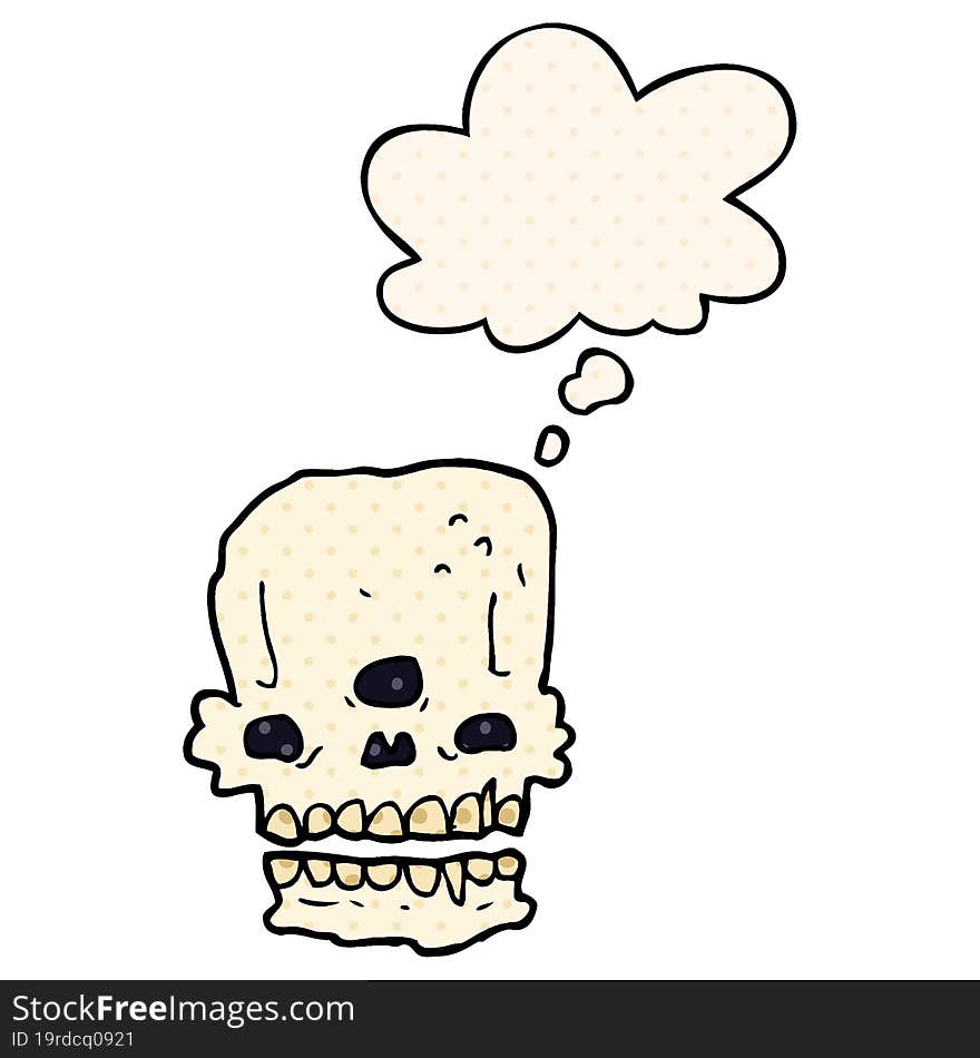 cartoon spooky skull and thought bubble in comic book style