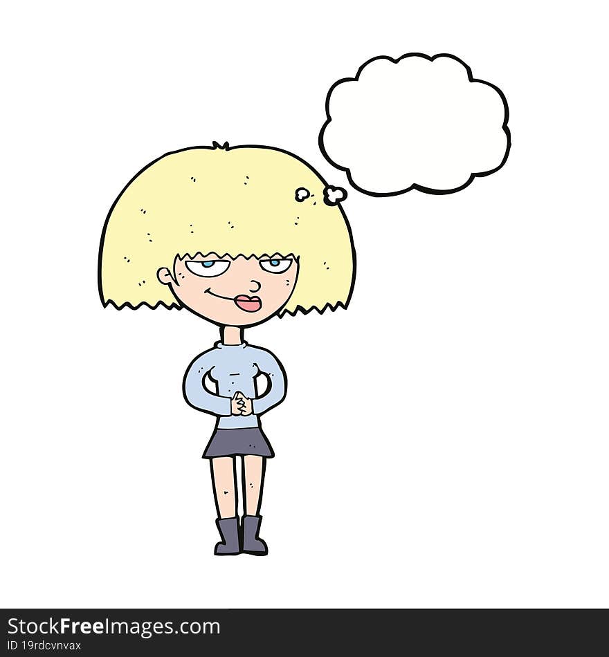 cartoon sly woman with thought bubble