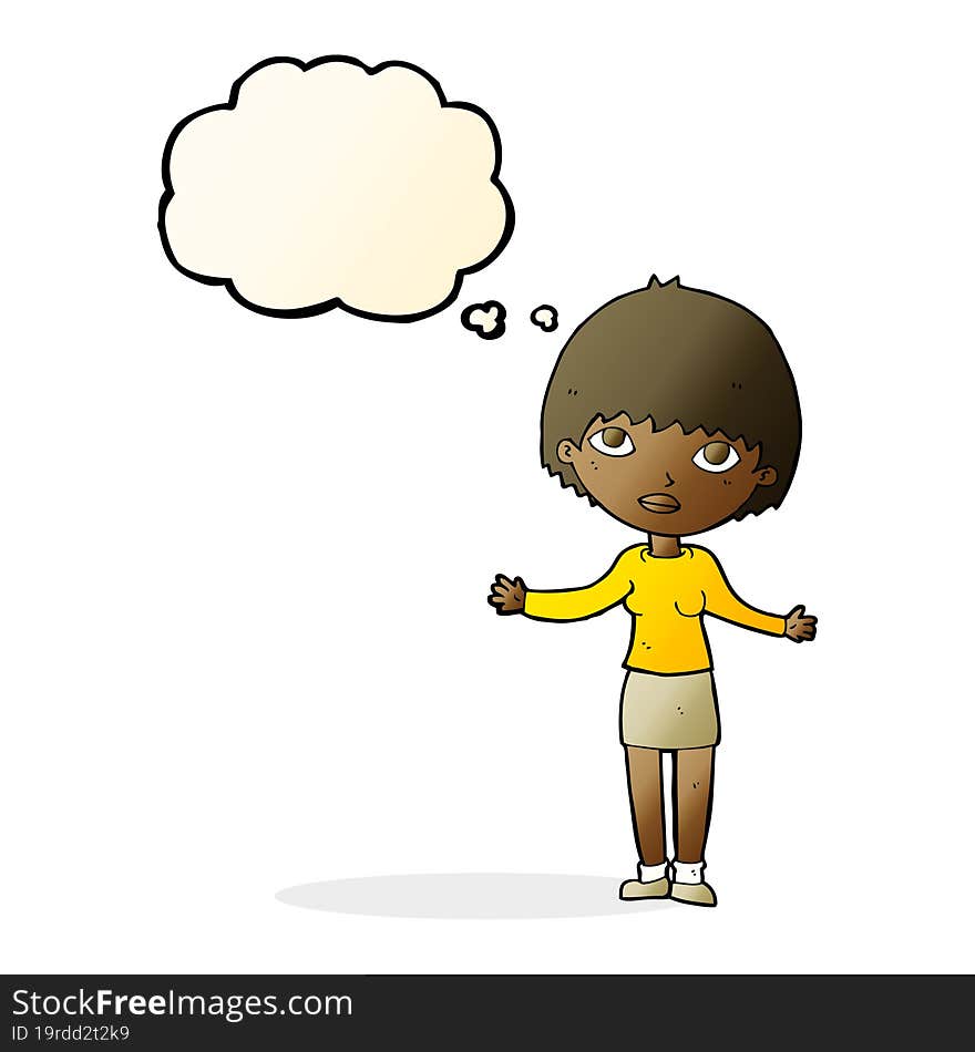 cartoon woman shrugging  with thought bubble