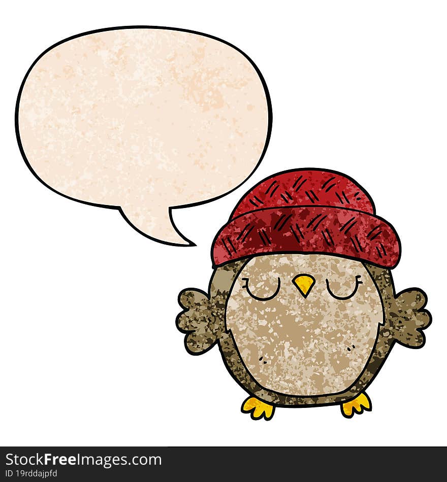 cute cartoon owl in hat and speech bubble in retro texture style