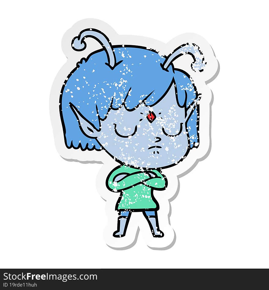 distressed sticker of a cartoon alien girl