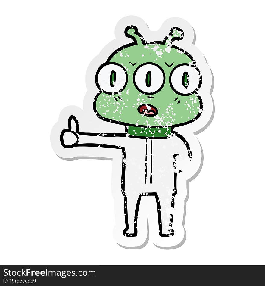 distressed sticker of a cartoon three eyed alien