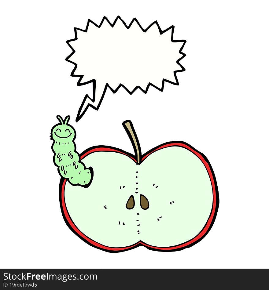 cartoon bug eating apple with speech bubble