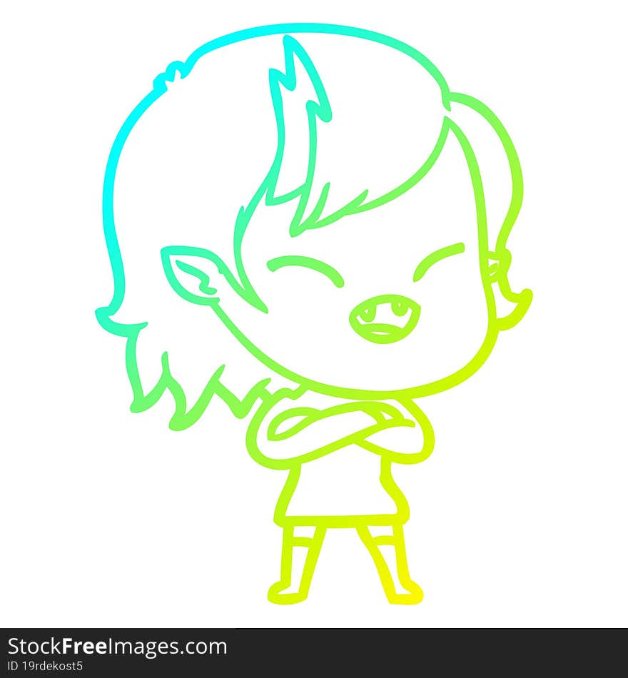 cold gradient line drawing cartoon laughing vampire girl with crossed arms