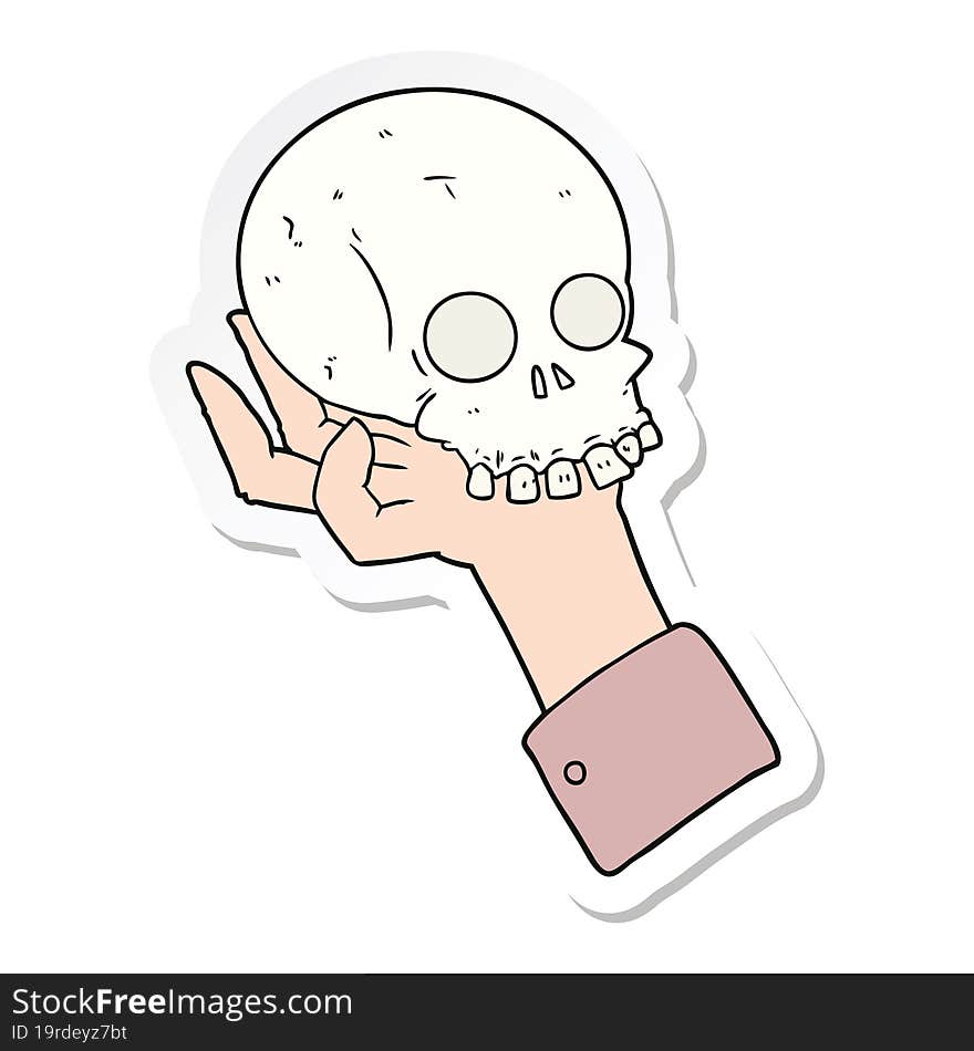 sticker of a cartoon hand holding skull