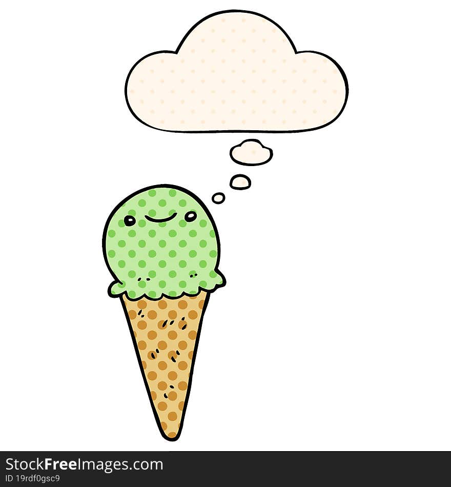 cartoon ice cream and thought bubble in comic book style