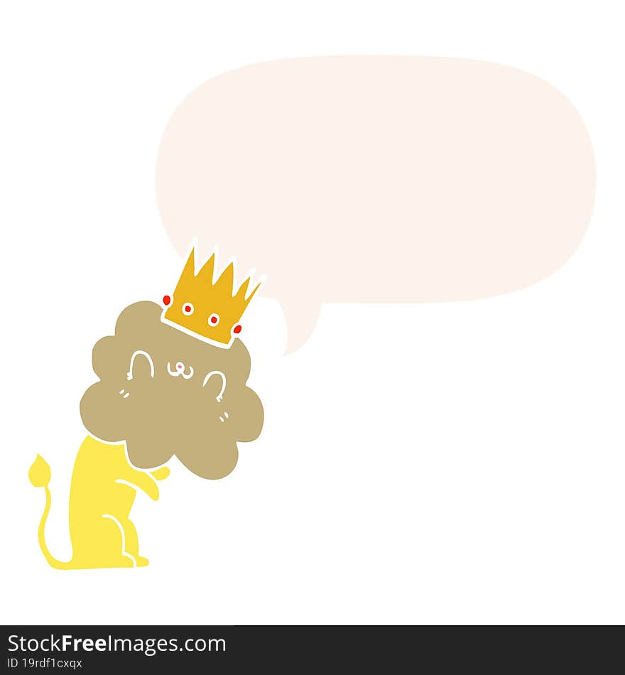 Cartoon Lion And Crown And Speech Bubble In Retro Style