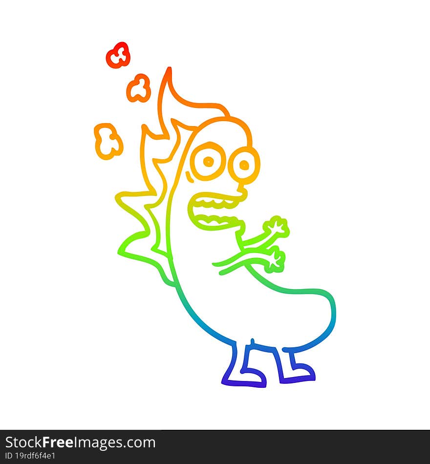 rainbow gradient line drawing cartoon flaming hotdog