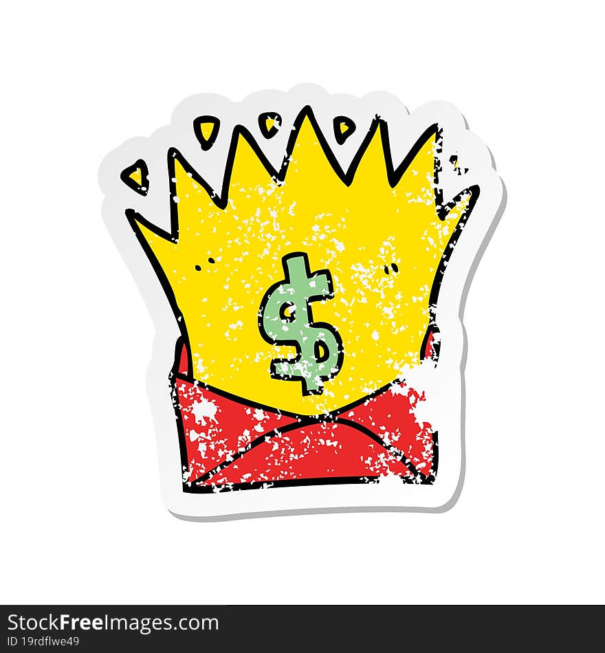 distressed sticker of a cartoon envelope with money sign