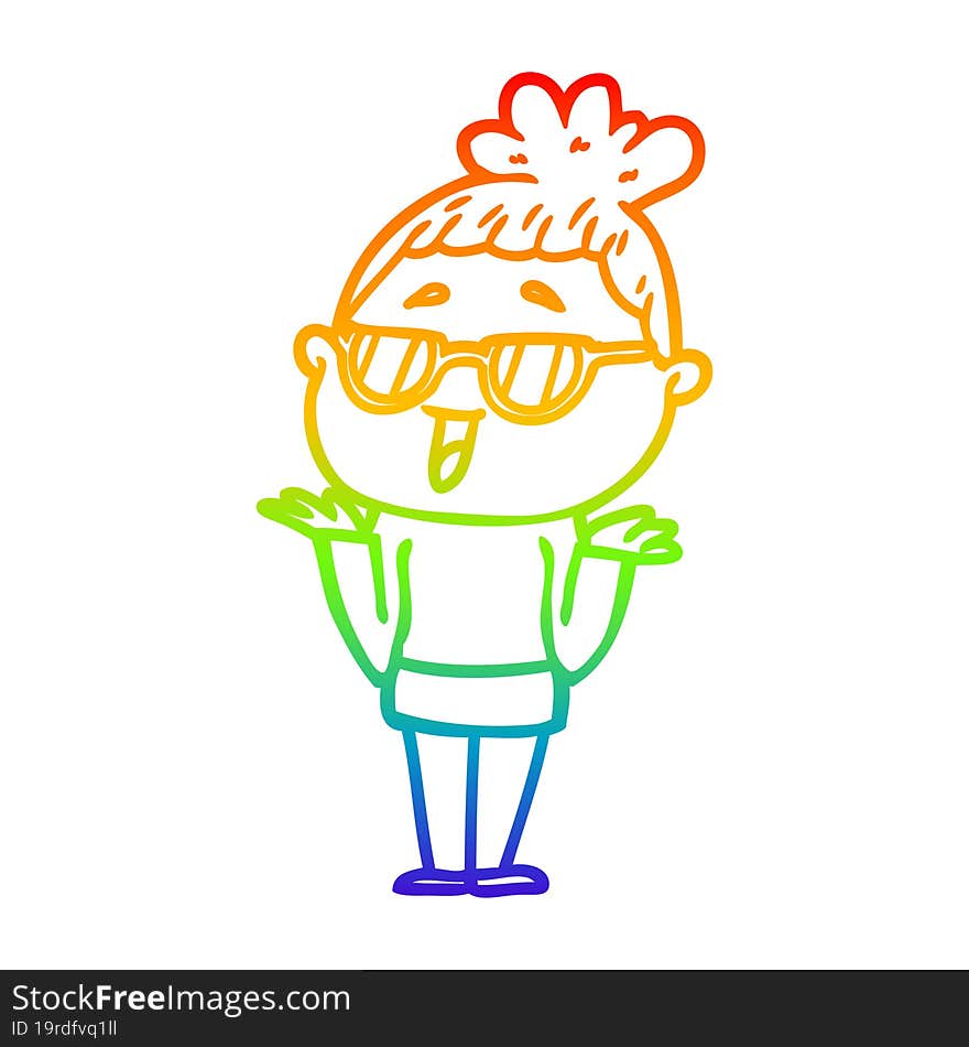 rainbow gradient line drawing cartoon happy woman wearing spectacles