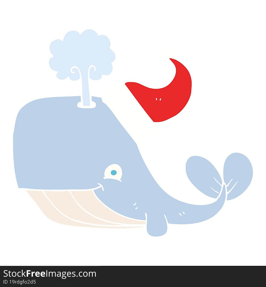 flat color illustration of a cartoon whale wearing christmas hat