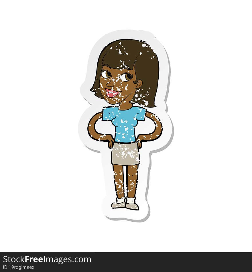 Retro Distressed Sticker Of A Cartoon Happy Woman With Hands On Hips