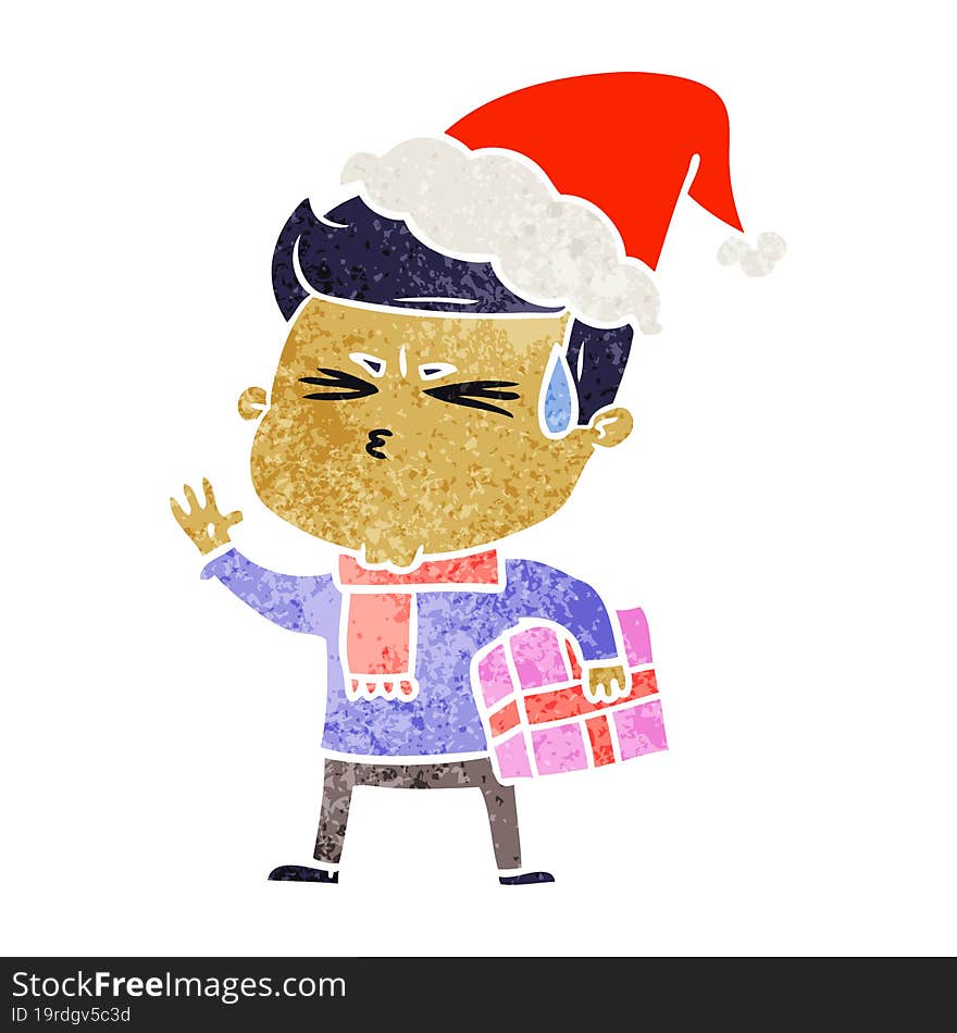 retro cartoon of a man sweating wearing santa hat