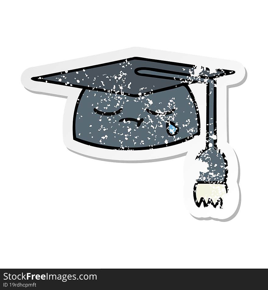 distressed sticker of a cute cartoon graduation hat