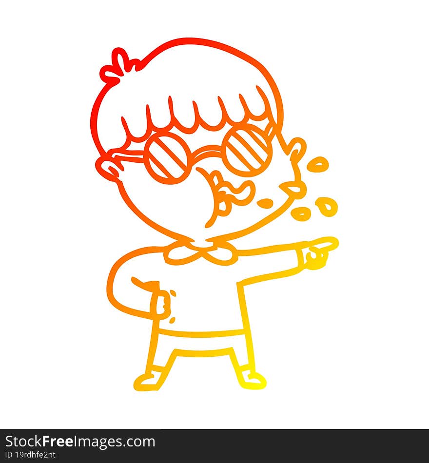 warm gradient line drawing of a cartoon boy wearing spectacles and pointing