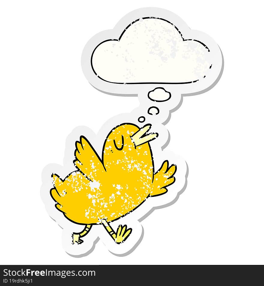 cartoon happy bird with thought bubble as a distressed worn sticker