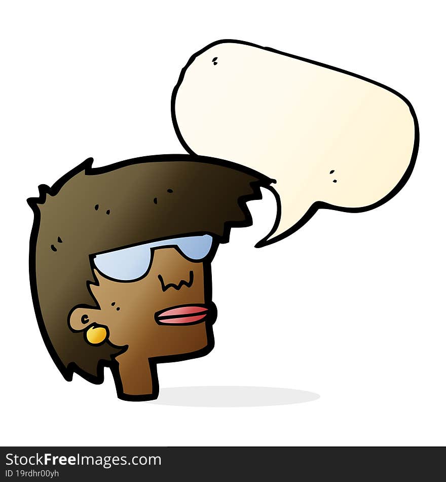 cartoon female face with glasses with speech bubble