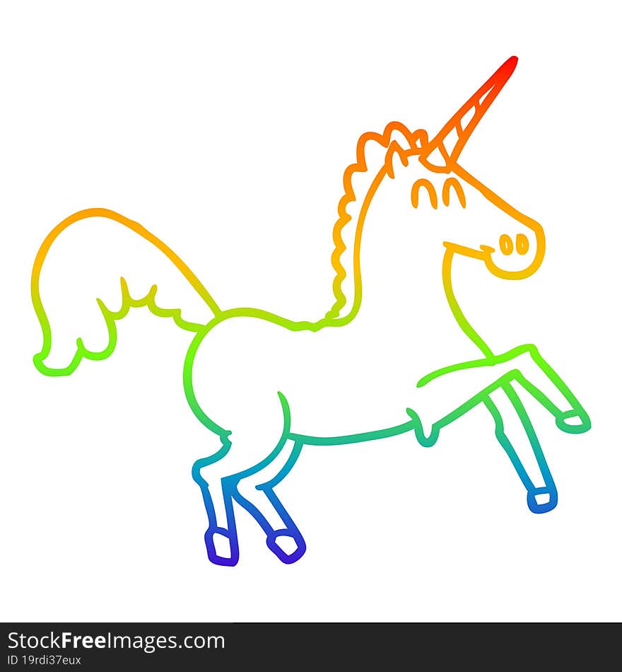 rainbow gradient line drawing of a cartoon unicorn