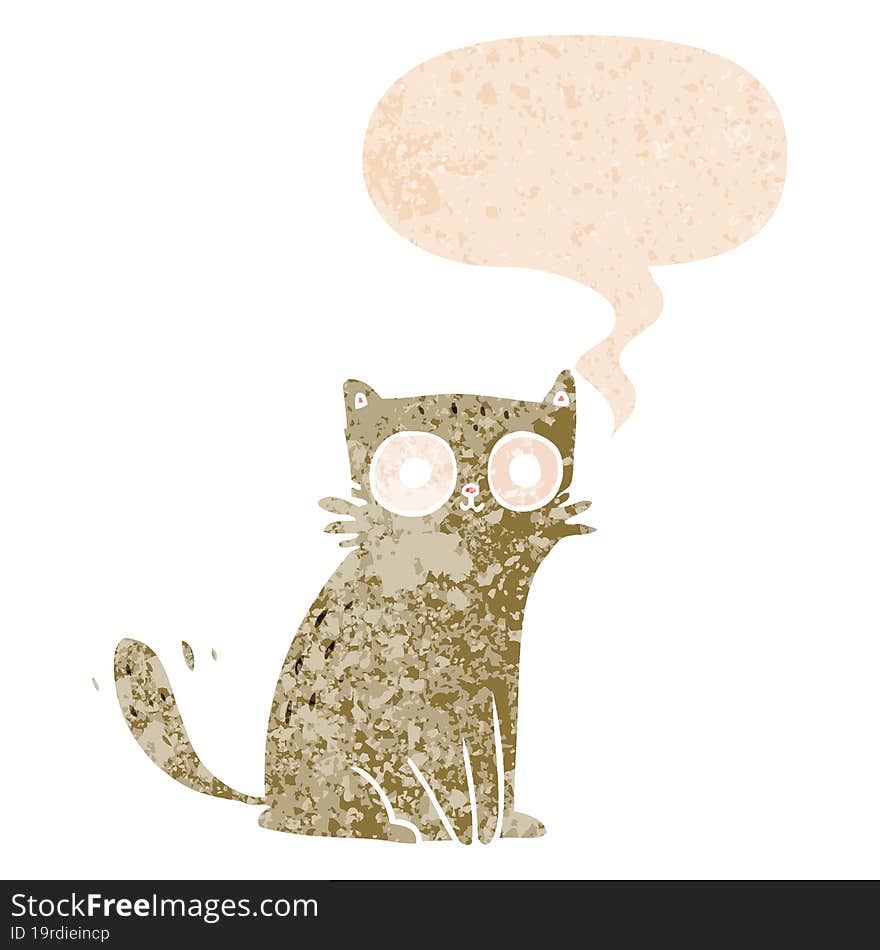 cartoon cat and speech bubble in retro textured style