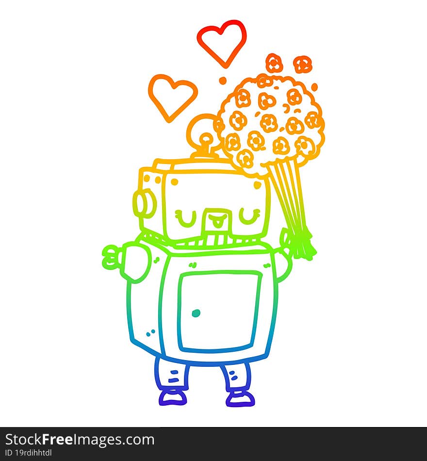 rainbow gradient line drawing of a cartoon robot in love