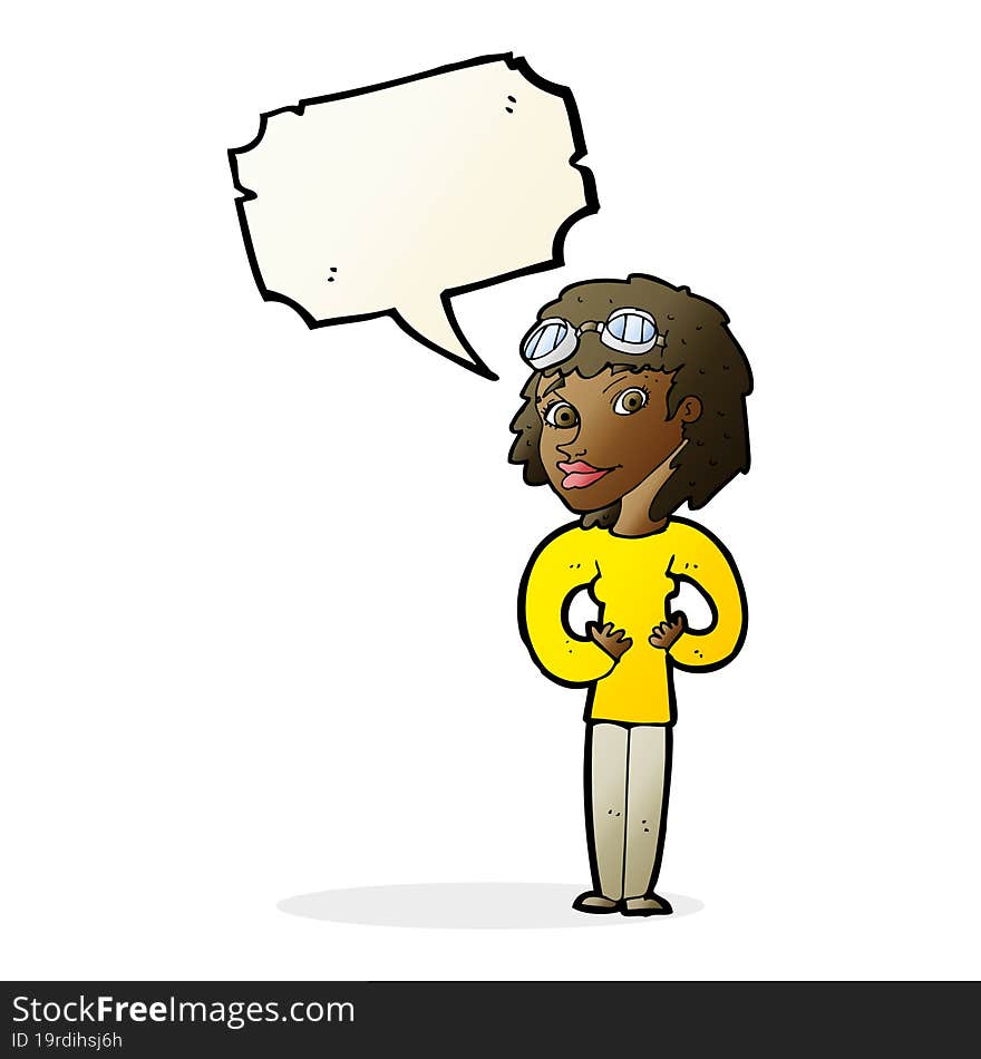 cartoon aviator woman with speech bubble