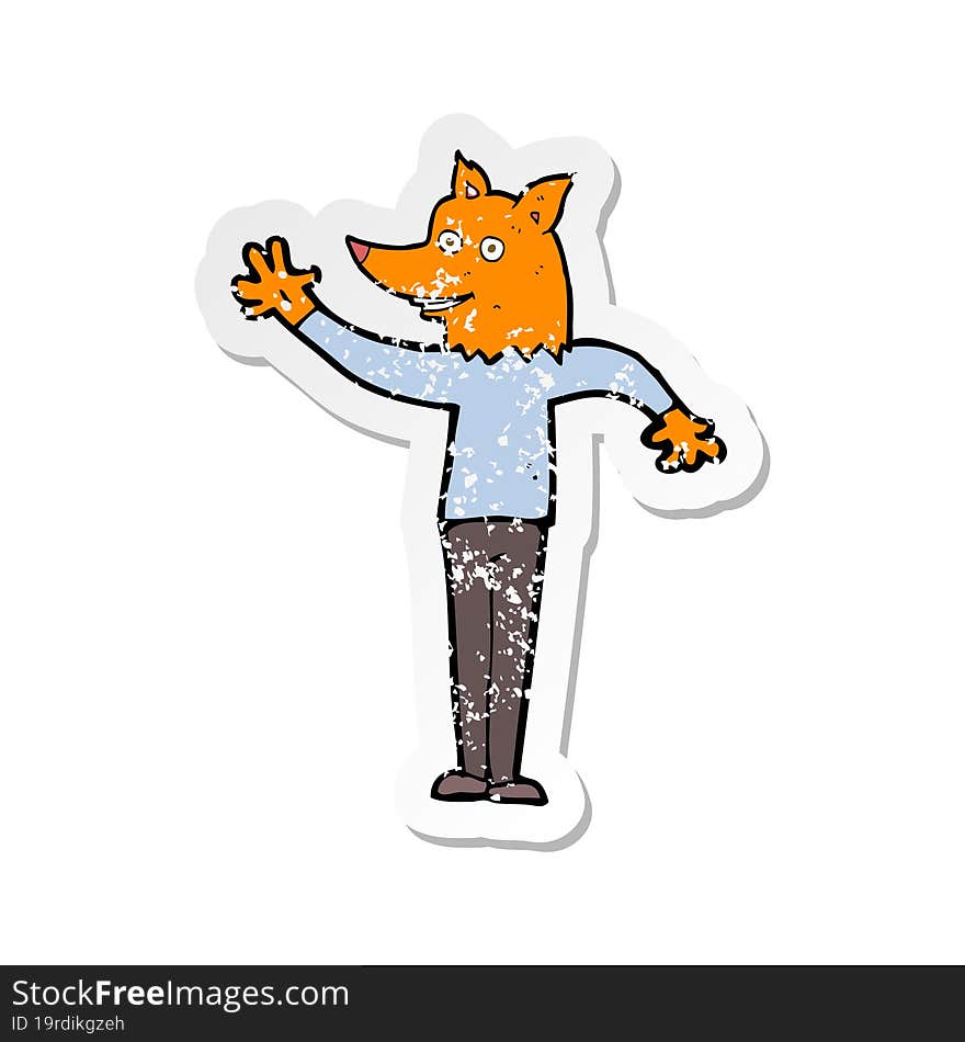 retro distressed sticker of a cartoon waving fox man