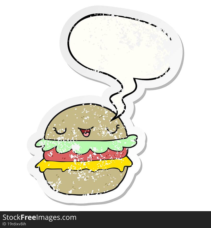 cartoon burger with speech bubble distressed distressed old sticker. cartoon burger with speech bubble distressed distressed old sticker