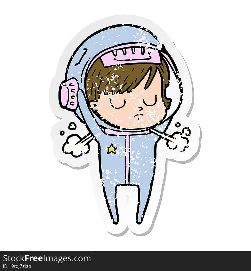 distressed sticker of a cartoon astronaut woman